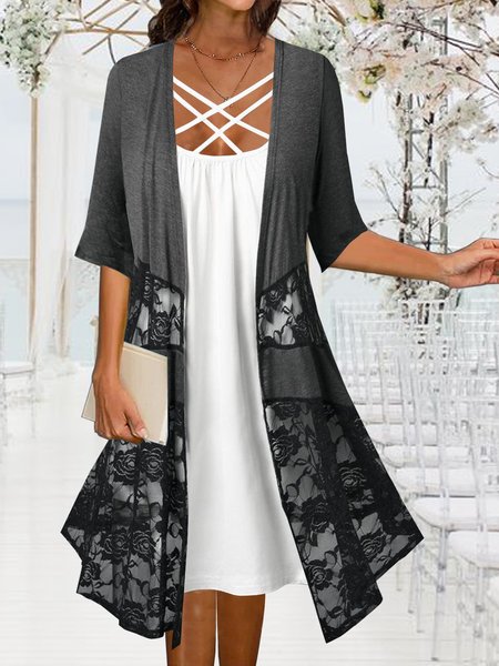 

Plain lace irregular hem hollow out dress set two piece jacket dress set plus size, Black-grey, Dresses