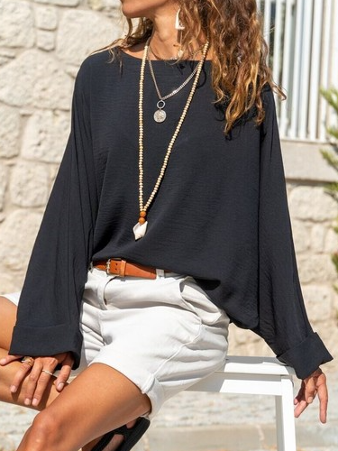 

Loose Batwing Sleeve Boat Neck Top, Black, Shirts & Blouses