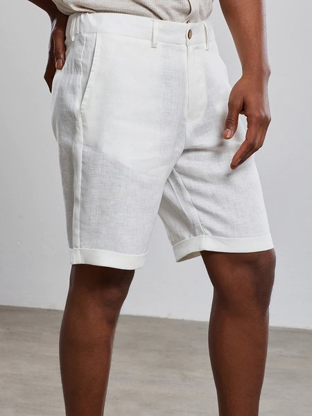 

Cotton And Linen Plain Casual Shorts, White, Men's shorts