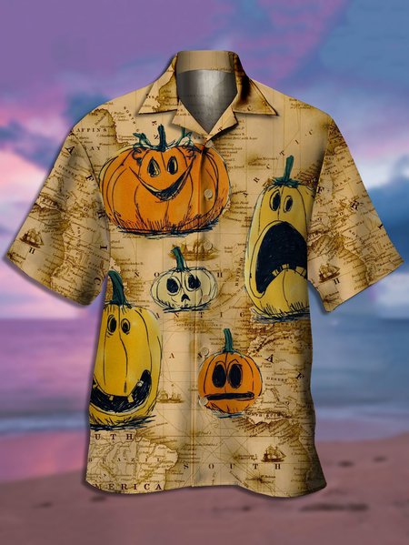 

Men's Pumpkin Print Casual Fabric Lapel Short Sleeve Hawaiian Shirt, Khaki, Men's Floral shirt