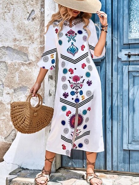 

Folk pattern geometric pattern loose Long Dress Plus Size, White, Midi Dresses