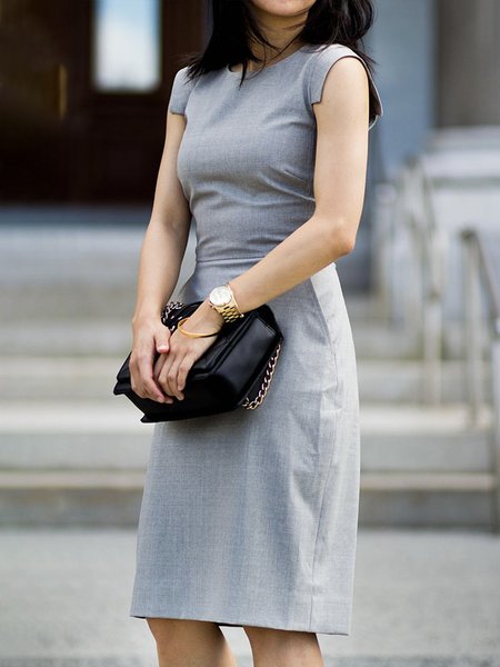 

Cap sleeve Daily Elegant Crew Neck Plain Dress, Gray, Midi Dresses