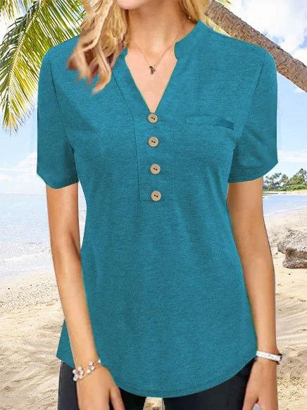 Casual Loose Short Sleeve V-Neck Shirt, Blue, T-Shirts