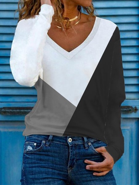 

Color Block V Neck Casual Tops, Multicolor, Tops