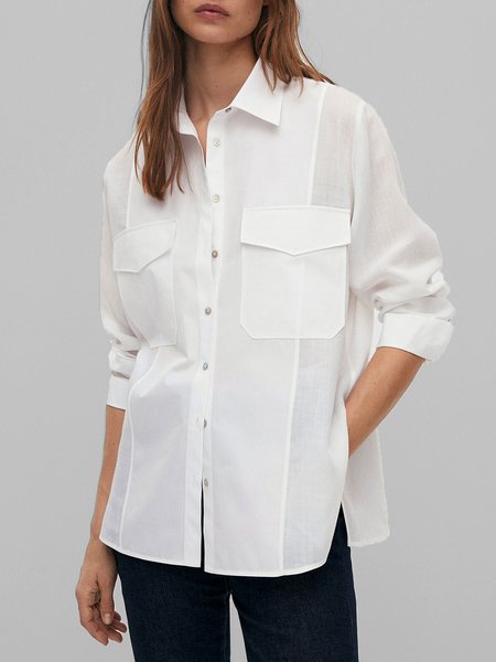

Urban Work Loose Plain Pockets Shirt Collar Blouse, White, Blouses and Shirts