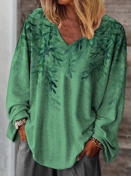 

Casual Leaf Design V-Neck Long Sleeve Knit T-Shirt, Green, T-Shirts