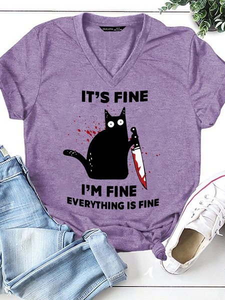

Womens Funny I Am Fine Letter Print Casual T-Shirt, Purple, T-shirts