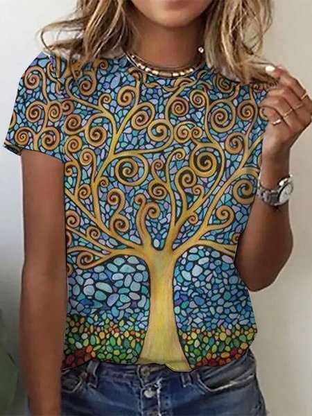 

Tree of Life Design Casual Crew Neck Short Sleeve T-Shirt, Brown, T-Shirts