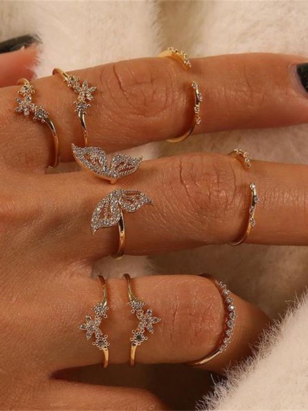 

8pcs Boho Diamond Butterfly Ring Set, Golden, Rings