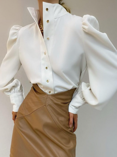 

Autumn H-Line Long sleeve No Elasticity Urban Daily Blouse, White, Blouses and Shirts