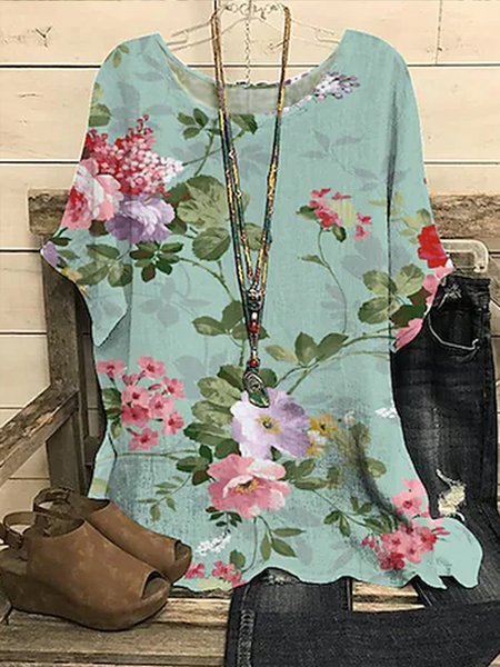 

Floral Loose Crew Neck Blouse, Green, Shirts & Blouses