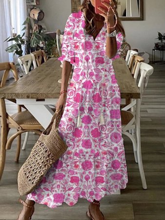 

V Neck Floral Loose Dresses, Pink, Maxi Dresses