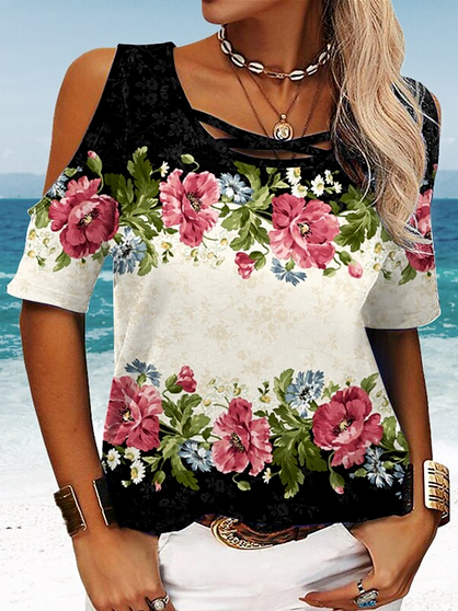 

Floral Pattern Fit Vacation Crew Neck T-Shirt, Multicolor, T-Shirts