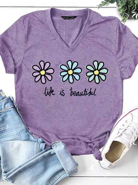 

Womens Life Is Beautiful Cute Flower Print Casual T-Shirt, Purple, T-shirts