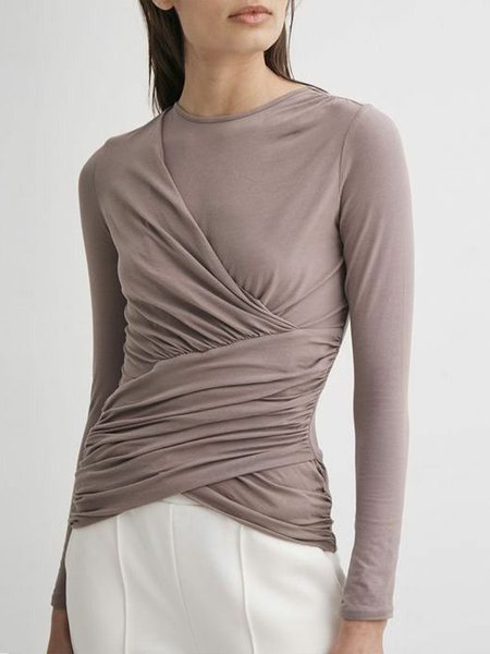 

Daily Plain Ruched Long Sleeve Crew Neck Basic Top, As picture, Tees