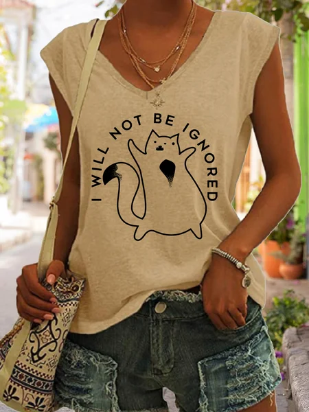 Funny Cat I Will Not Be Ignored V Neck Fit Casual Tanks, Khaki, Tank Tops