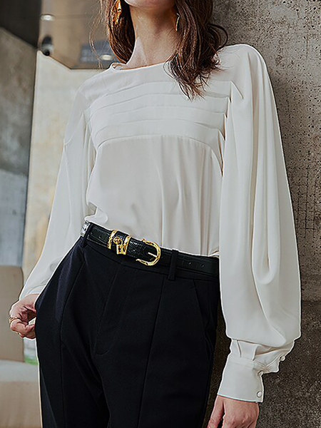 

Autumn Crew Neck Long sleeve H-Line Loose Plain Urban Commuting Tops, White, Blouses and Shirts