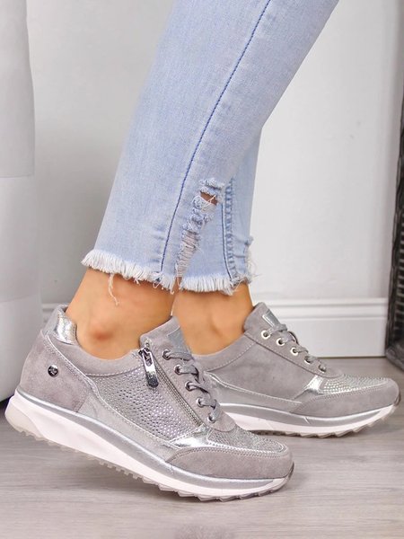 Diamond Panel Zip Lace-Up Casual Shock Absorbing Sneakers, Gray, Sneakers