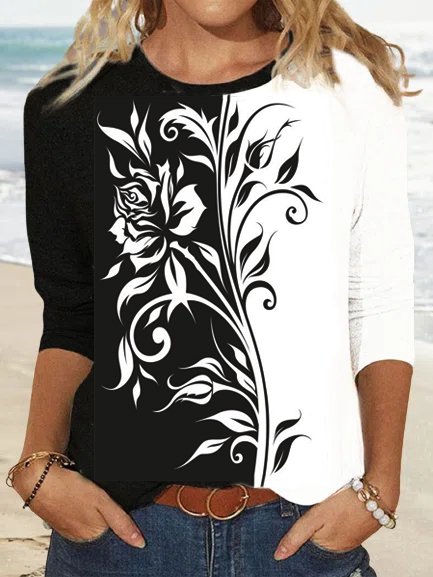 

Crew Neck Floral Casual T-Shirt, Black-white, T-Shirts
