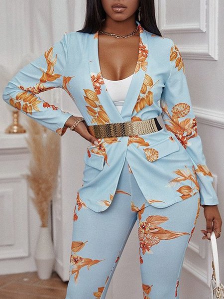 

Daily Long sleeve Floral Lapel Collar Blazer, Blue, Blazers
