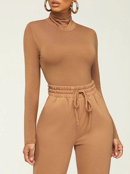 

Casual Plain Daily Turtleneck Basic Top, Khaki, Tops