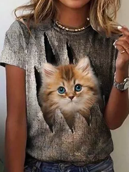 Crew Neck Cute Cat Pattern Fit T-Shirt, Multicolor, T-Shirts
