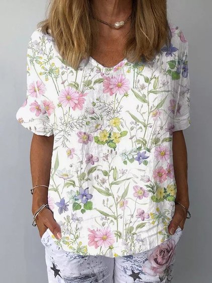 

V Neck Floral Casual Tops, Multicolor, Shirts & Blouses