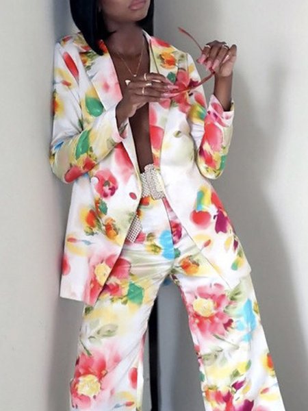 

Long sleeve Daily Lapel Collar Floral Fit Blazer, White, Blazers