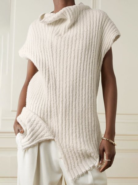

Short sleeve Fit Half Turtleneck Simple Sweater, White, Pullovers