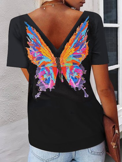 

Knit Crewneck T-shirt With Butterfly Print On Back, Black, T-Shirts