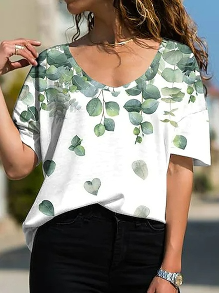 

Cotton-Blend Floral Casual T-Shirt, White, T-Shirts