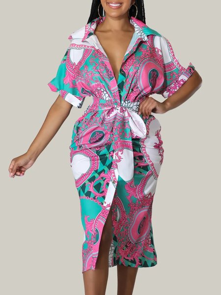 

Vacation Half Sleeve Printed Shirt Collar Dress, Pink, Midi Dresses