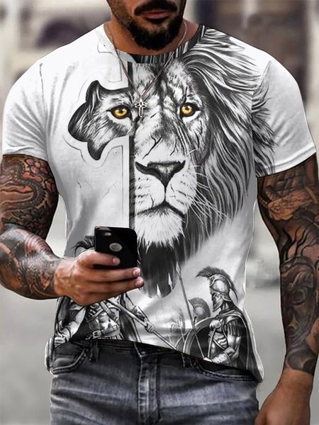 

Men Lion And Warrior Casual Animal T-Shirt, White, T-shirts