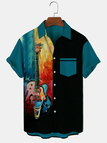 

Cotton Linen Music Print Casual Short Sleeve Shirt, Dark blue, Men's Floral shirt
