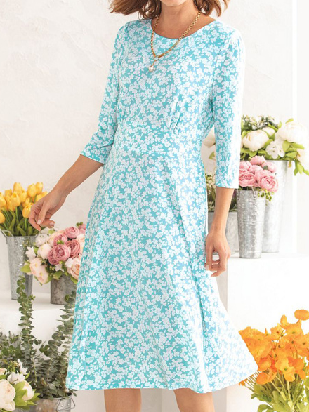 

Floral Crew Neck Fit Dresses, Blue, Dresses