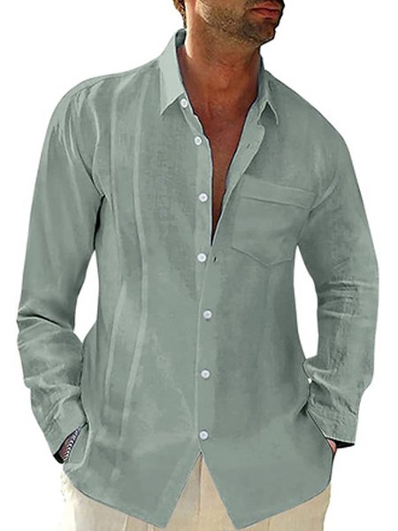 

Men's Lapel Long Sleeve Cotton Linen Shirt, Green, Long Sleeve Shirts