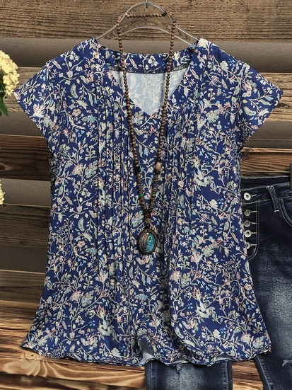 

Floral Casual V neck Summer Cap sleeve Tops, Purplish blue, Shirts & Blouses