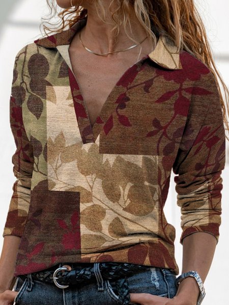

Casual Geometric Shawl Collar Long sleeve Tops, Coffee, Shirts & Blouses