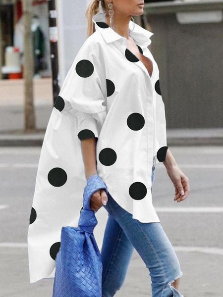 

Casual Daily Loose Shirt Collar Polka Dots Blouse, White, Blouses and Shirts