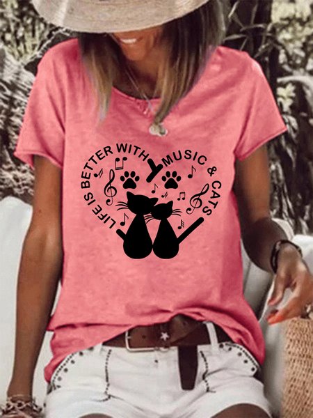 

Women Life Is Better With Music And Cats Funny Cat Lovers Crew Neck Simple T-Shirt, Pink, T-shirts