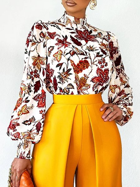 

Floral Long sleeve Fit Elegant Stand Collar Top, White, Tops