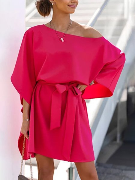 

Boat Neck Casual Plain Mini Dress, Rose red, Mini Dresses