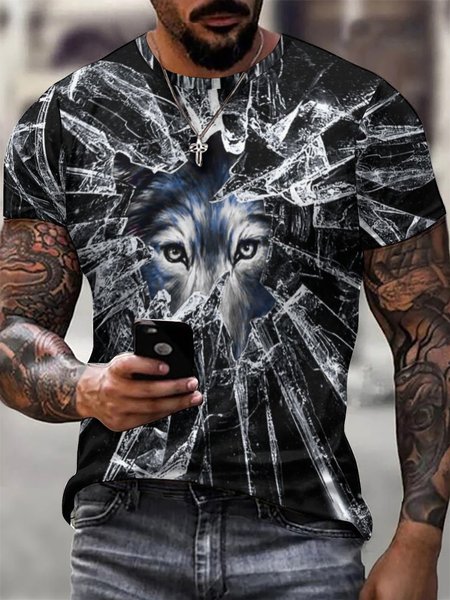 

Men Rupture and Wolf Casual Crew Neck T-Shirt, Black, T-shirts
