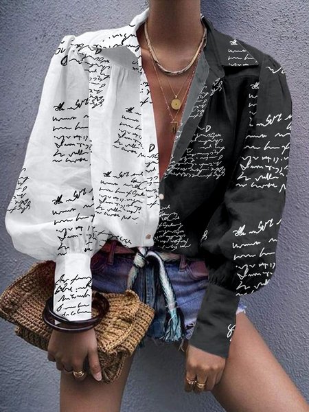 

Urban Shirt Collar Text Letters Printed Loose Blouse, Black-white, Blouses and Shirts