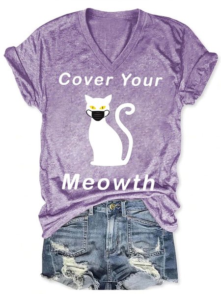 

Women Cute Cat Printing Fit V Neck Casual T-Shirt, Purple, T-shirts