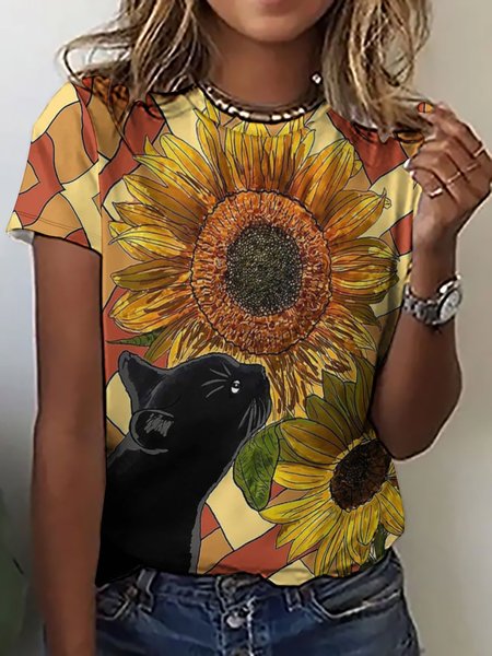 

Women Black Cat And Sunflowers Crew Neck Loose T-Shirt, Yellow, T-shirts