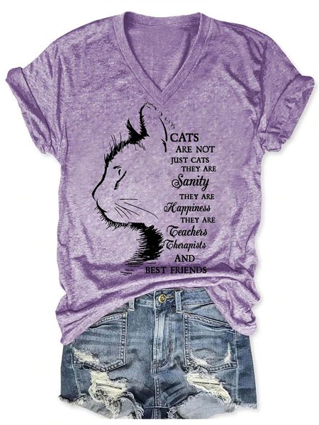 

Women Cat Printing Casual Cotton-Blend Text Letters T-Shirt, Purple, T-shirts