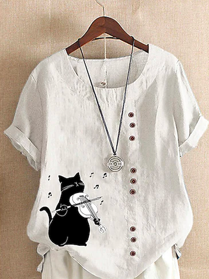 

Loose Crew Neck Cute Cat Pattern Blouse, White, Shirts & Blouses