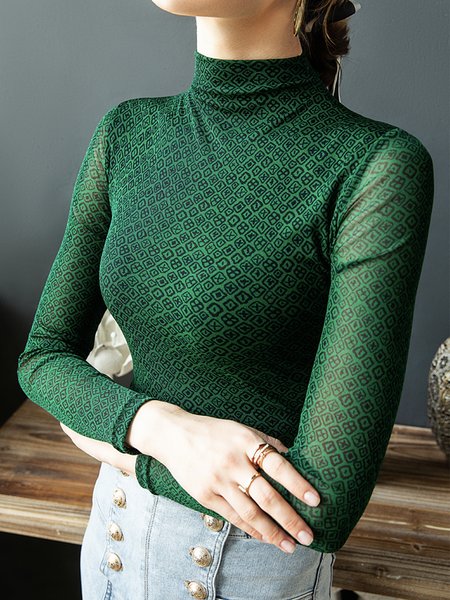 

Green Daily Long sleeve Half Turtleneck Tight T-Shirt, Tees