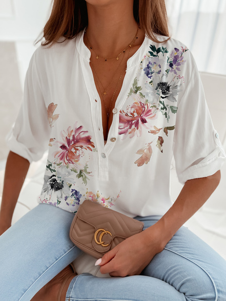 

JFN V Neck Floral Casual Cotton-Blend Loose Blouse, White, Shirts & Blouses